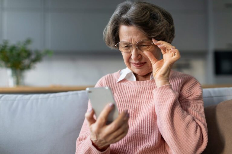 femeie cu prezbiopie care are dificultati la citit de pe telefon